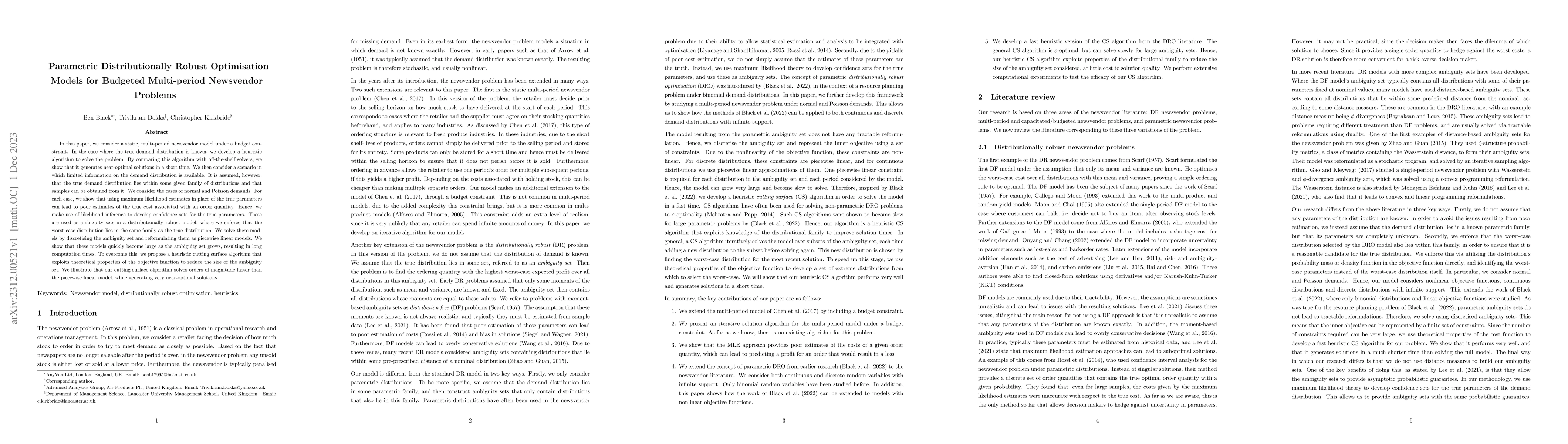 Thumbnail for Parametric Distributionally Robust Optimisation Models for Budgeted
  Multi-period Newsvendor Problems