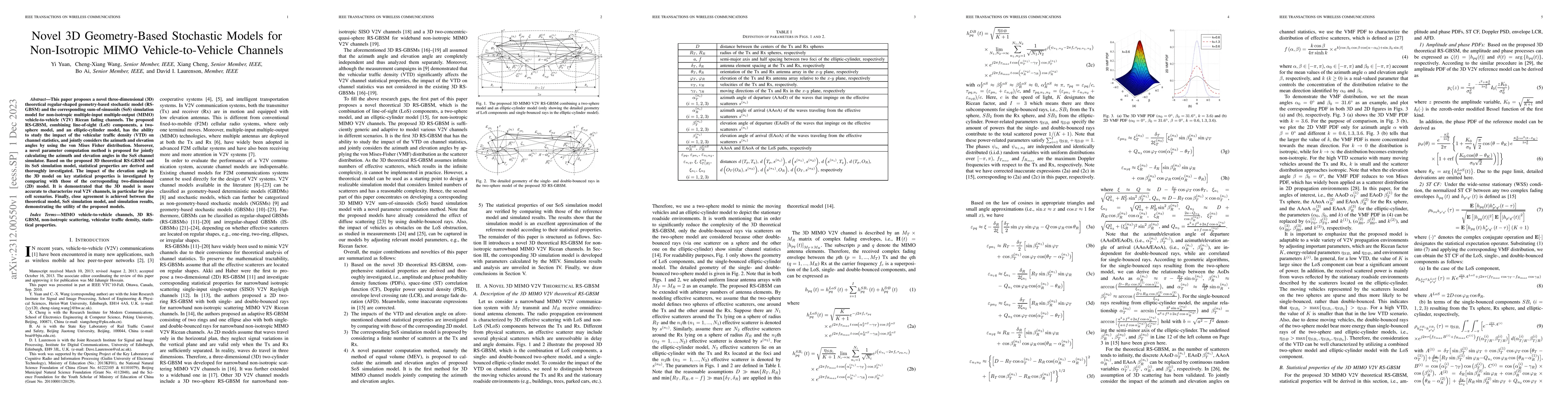 Thumbnail for Novel 3D Geometry-Based Stochastic Models for Non-Isotropic MIMO
  Vehicle-to-Vehicle Channels