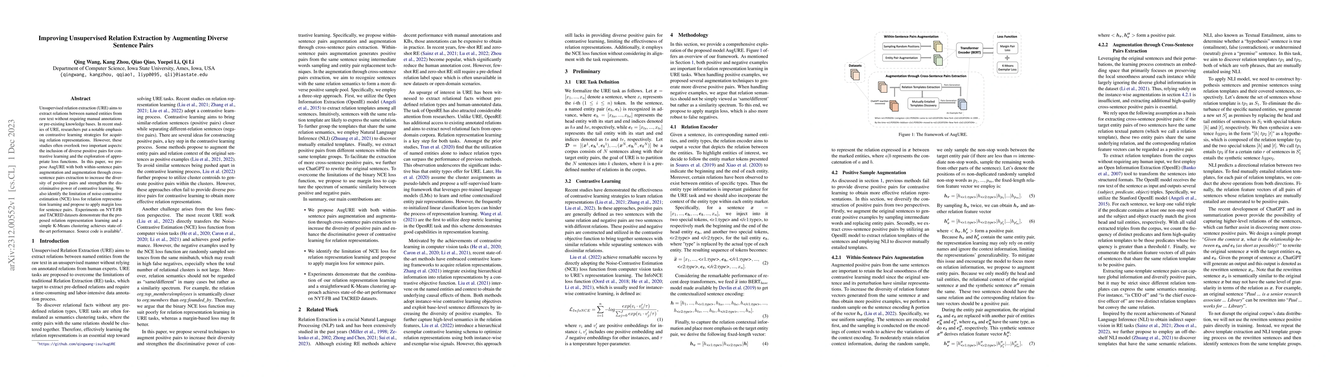 Thumbnail for Improving Unsupervised Relation Extraction by Augmenting Diverse
  Sentence Pairs