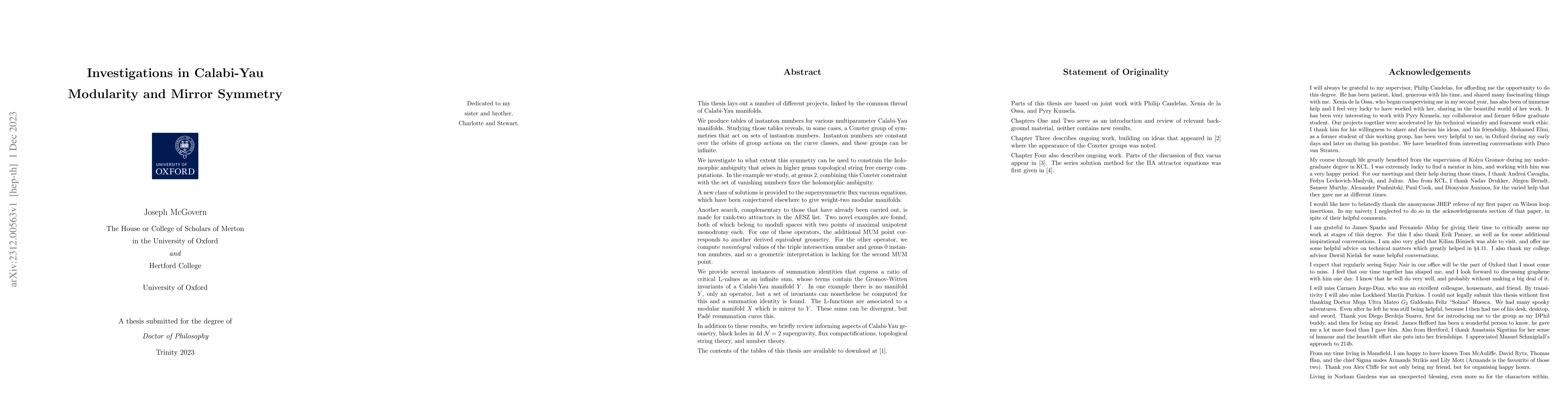 Thumbnail for Investigations in Calabi-Yau modularity and mirror symmetry