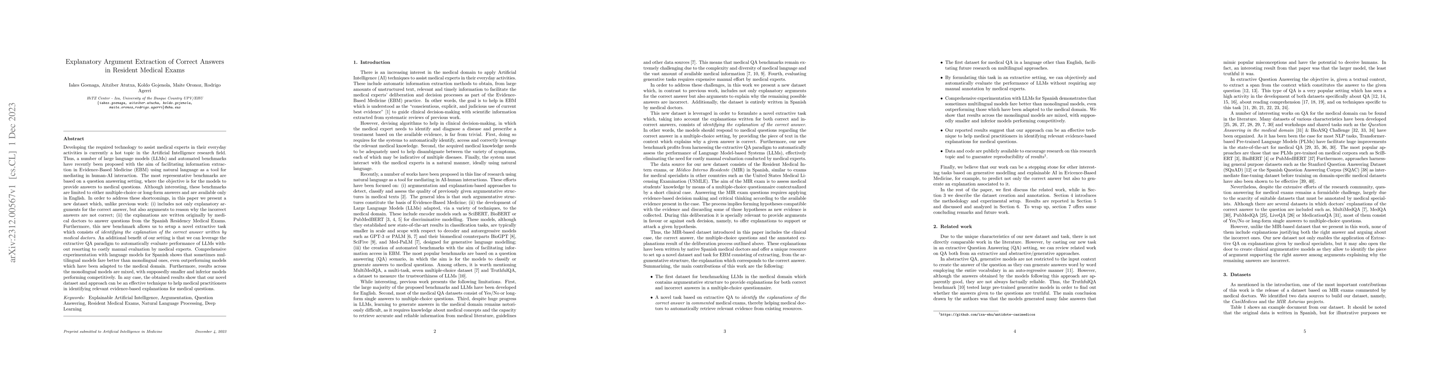 Thumbnail for Explanatory Argument Extraction of Correct Answers in Resident Medical
  Exams