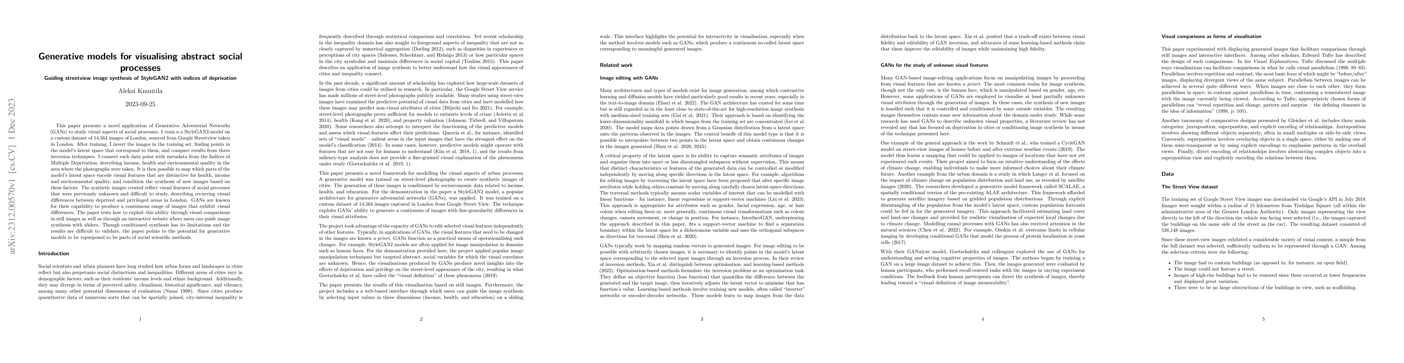 Thumbnail for Generative models for visualising abstract social processes: Guiding
  streetview image synthesis of StyleGAN2 with indices of deprivation