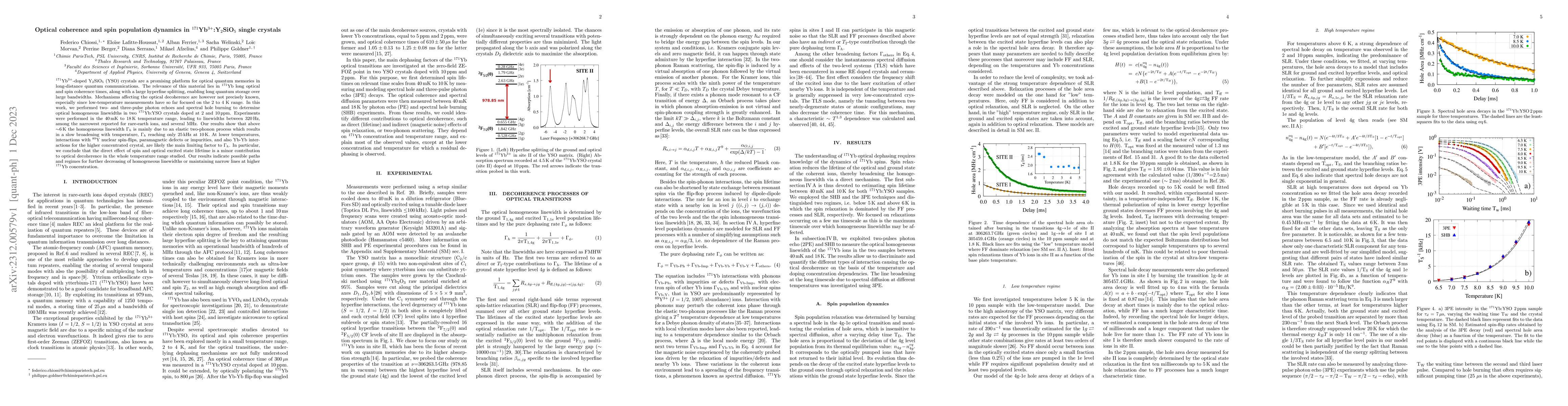 Thumbnail for Optical coherence and spin population dynamics in
  $^{171}$Yb$^{3+}$:Y$_2$SiO$_5$ single crystals