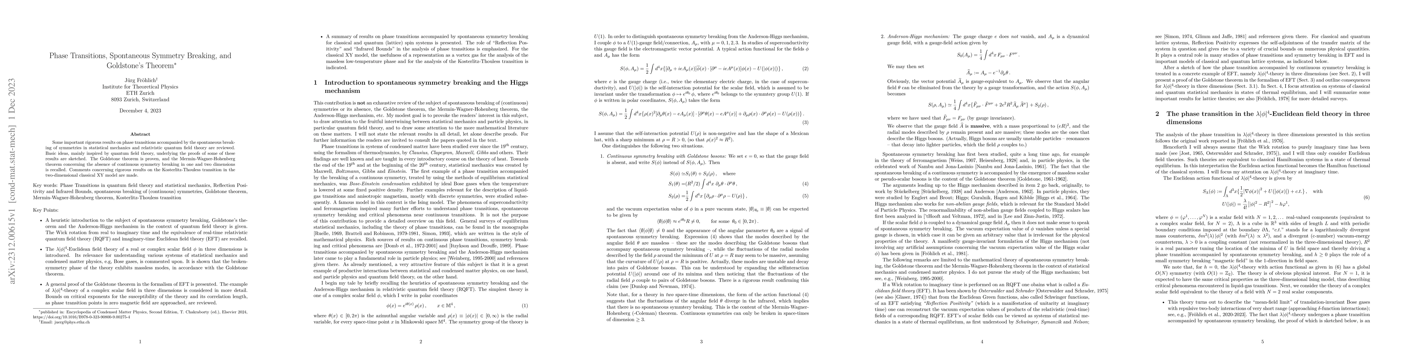 Thumbnail for Phase Transitions, Spontaneous Symmetry Breaking, and Goldstone's
  Theorem