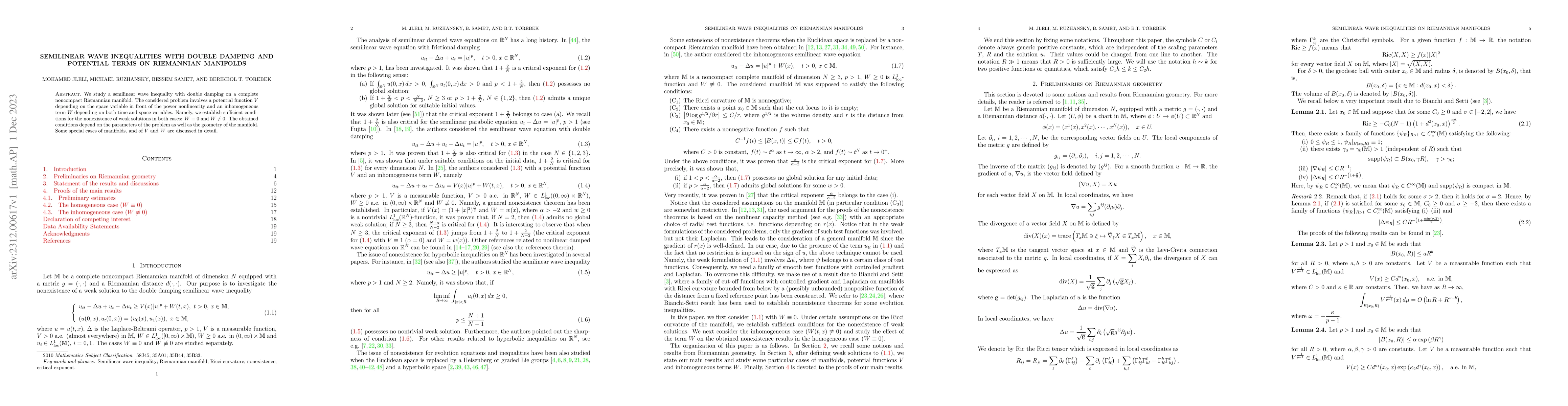Thumbnail for Semilinear wave inequalities with double damping and potential terms on
  Riemannian Manifolds