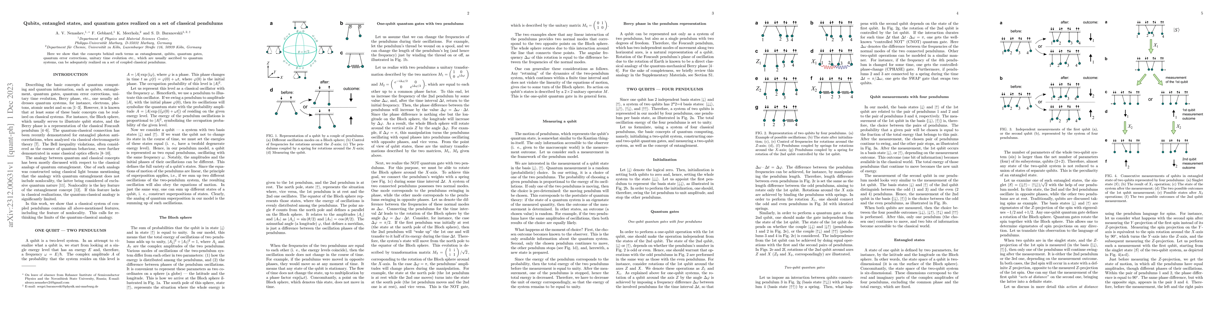 Thumbnail for Qubits, entangled states, and quantum gates realized on a set of
  classical pendulums