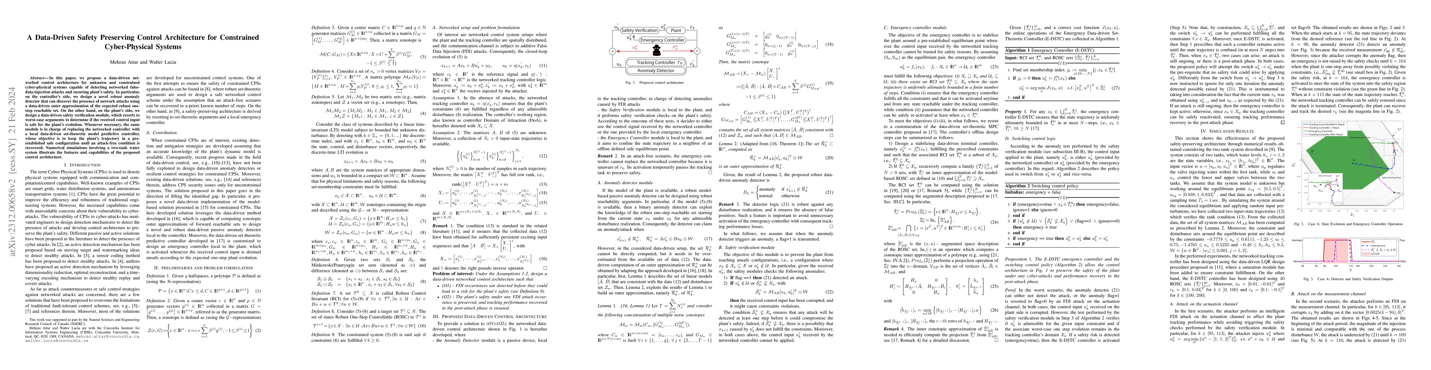 Thumbnail for A Data-Driven Safety Preserving Control Architecture for Constrained
  Cyber-Physical Systems