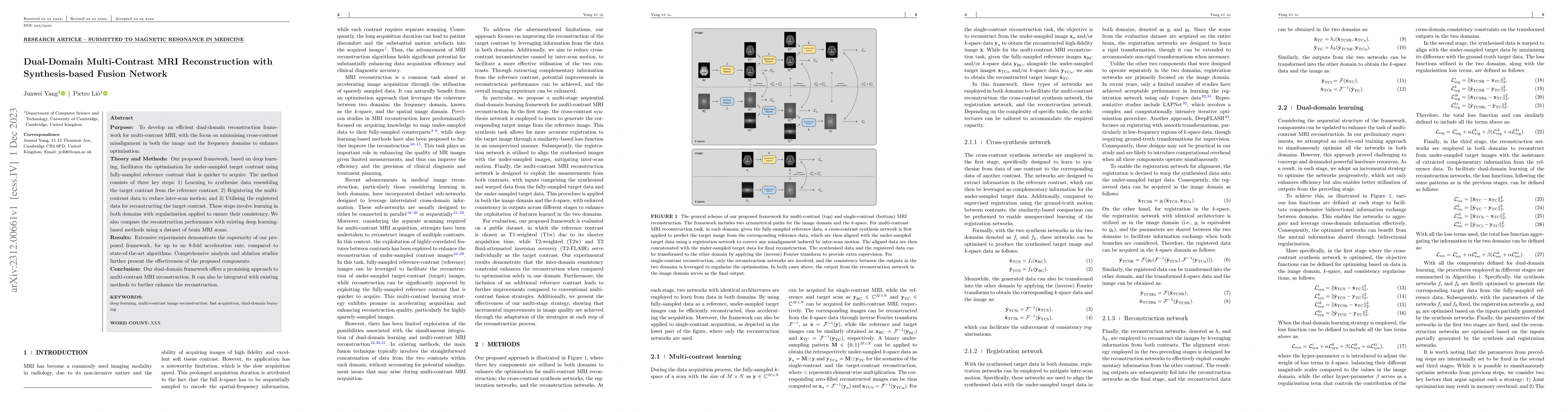 Thumbnail for Dual-Domain Multi-Contrast MRI Reconstruction with Synthesis-based
  Fusion Network
