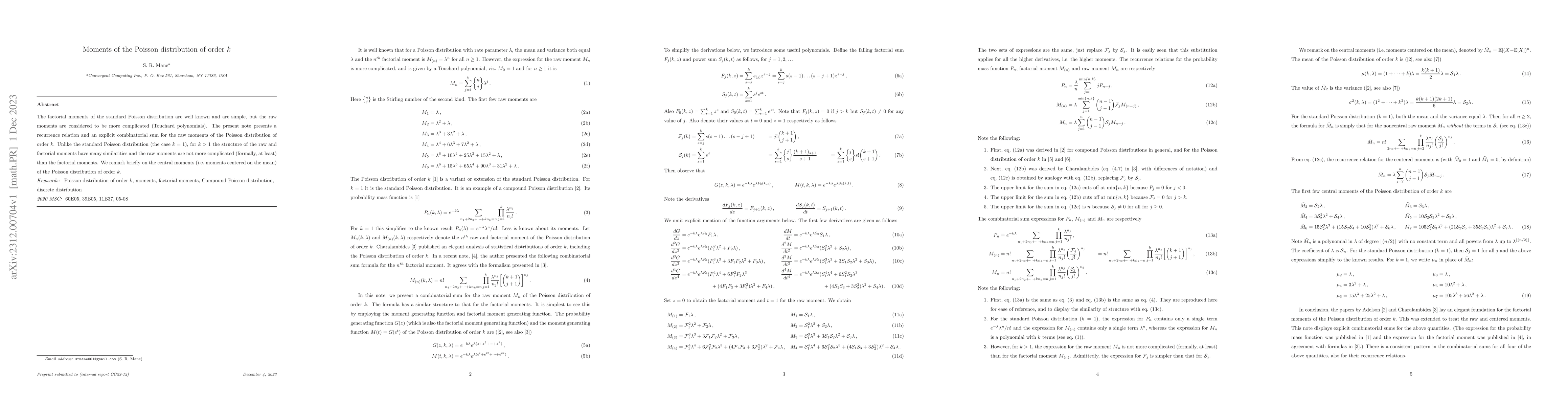 Thumbnail for Moments of the Poisson distribution of order $k$