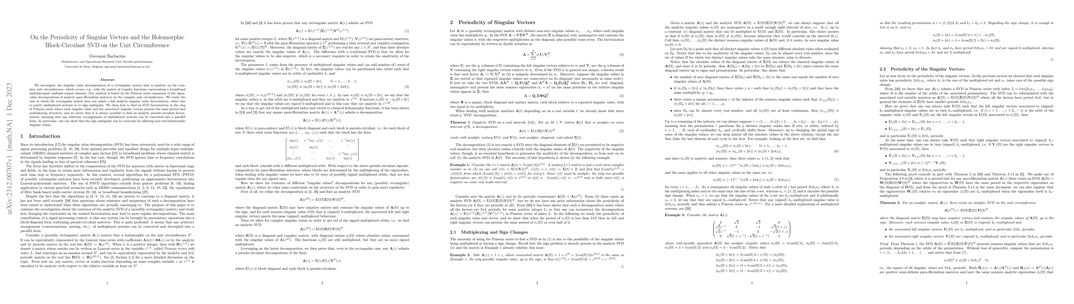 Thumbnail for On the Periodicity of Singular Vectors and the Holomorphic
  Block-Circulant SVD on the Unit Circumference