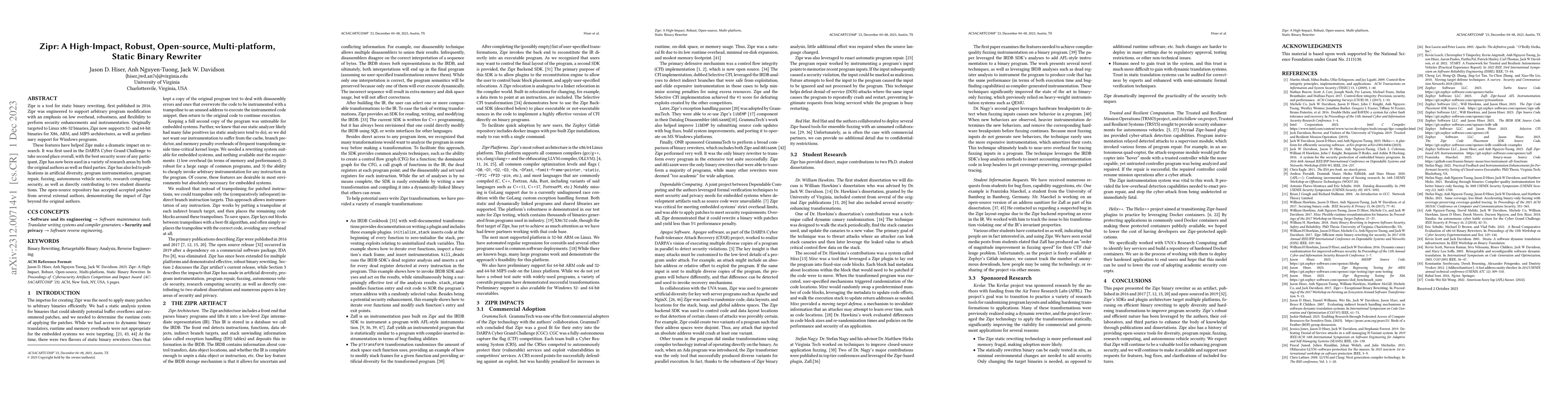 Thumbnail for Zipr: A High-Impact, Robust, Open-source, Multi-platform, Static Binary
  Rewriter