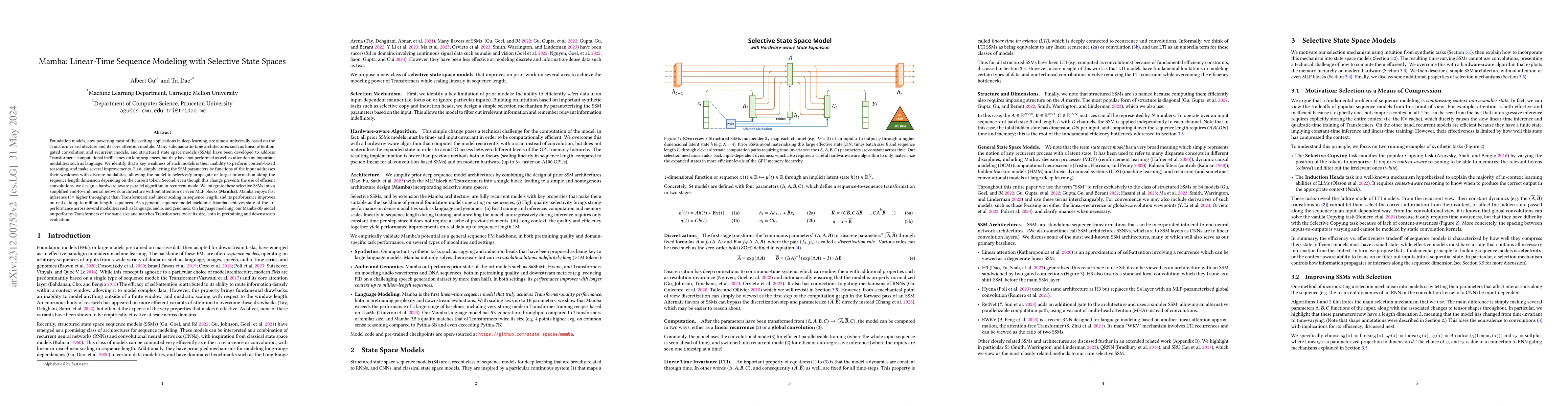 Thumbnail for Mamba: Linear-Time Sequence Modeling with Selective State Spaces