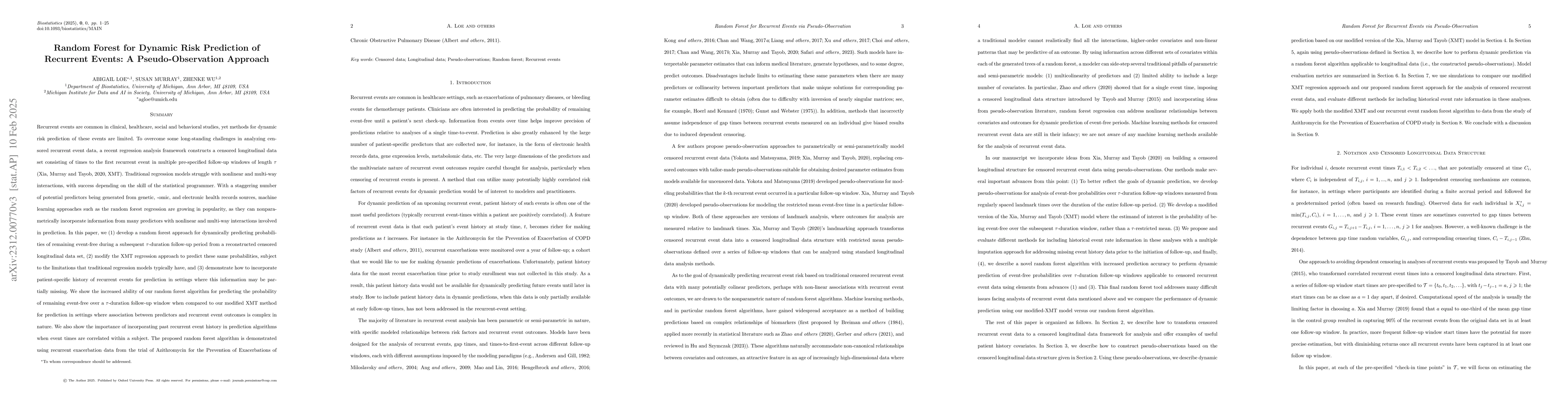 Thumbnail for Random Forest for Dynamic Risk Prediction or Recurrent Events: A
  Pseudo-Observation Approach