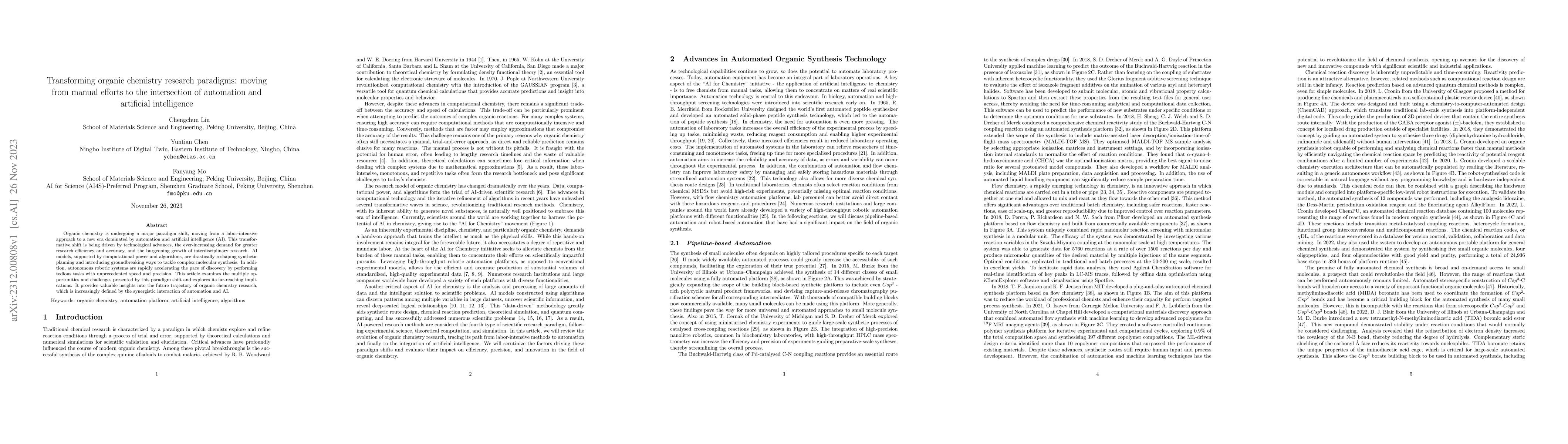 Thumbnail for Transforming organic chemistry research paradigms: moving from manual
  efforts to the intersection of automation and artificial intelligence