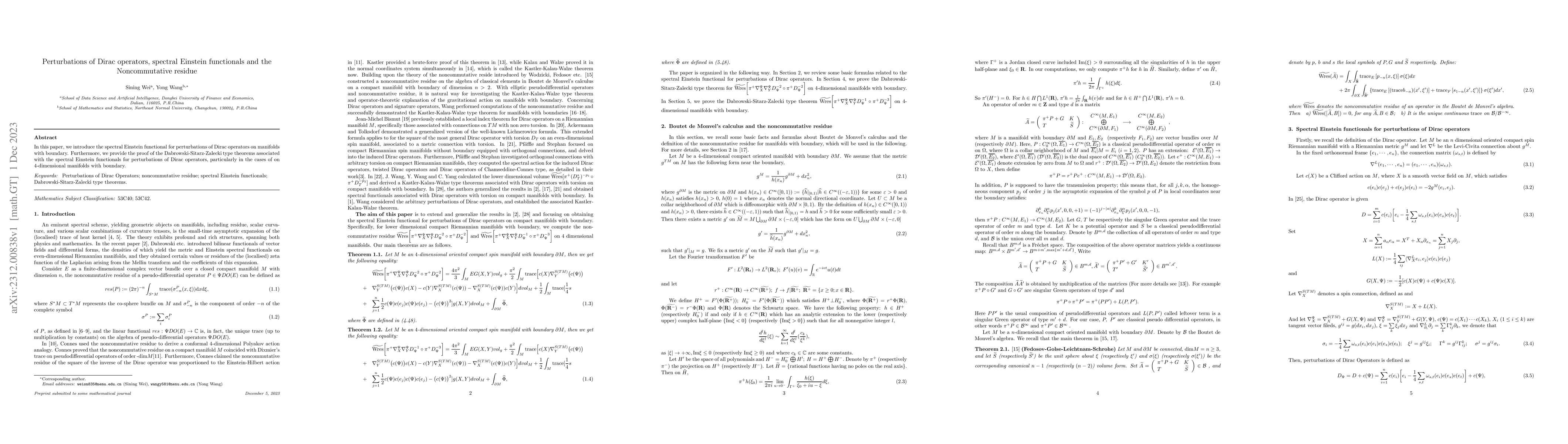 Thumbnail for Perturbations of Dirac operators, spectral Einstein functionals and the
  Noncommutative residue