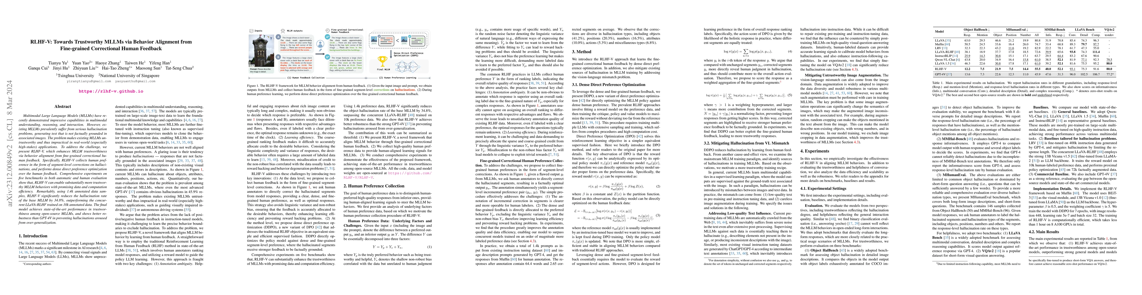 Thumbnail for RLHF-V: Towards Trustworthy MLLMs via Behavior Alignment from
  Fine-grained Correctional Human Feedback