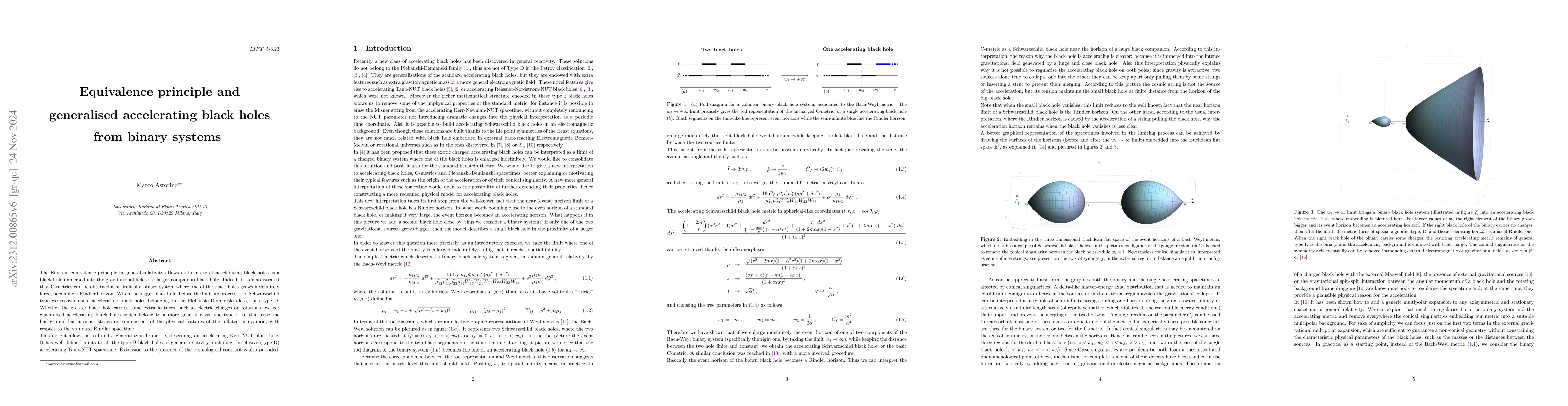Thumbnail for Equivalence principle and generalised accelerating black holes from
  binary systems