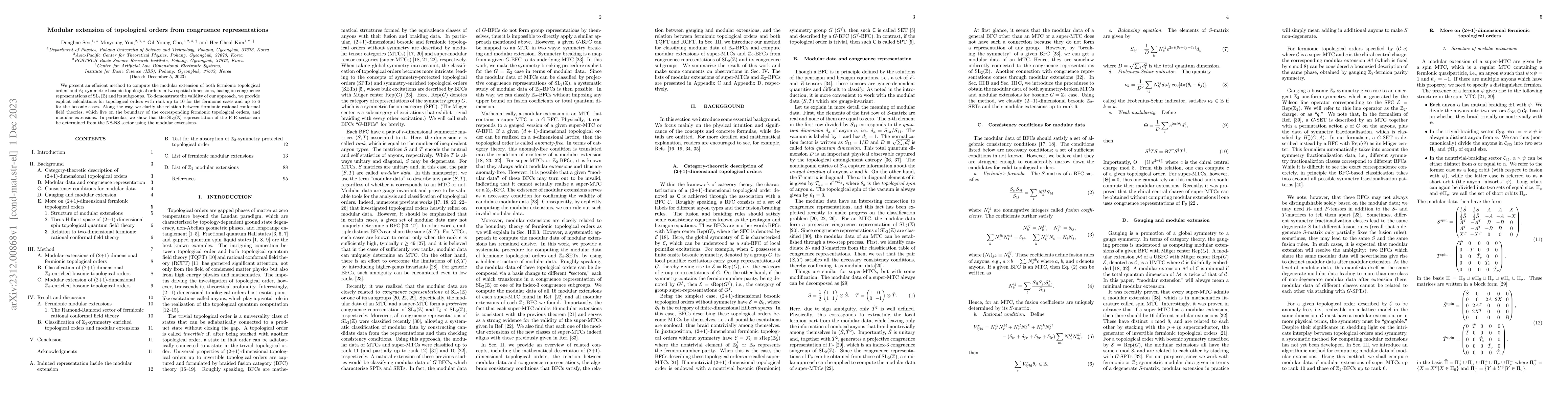 Thumbnail for Modular extension of topological orders from congruence representations