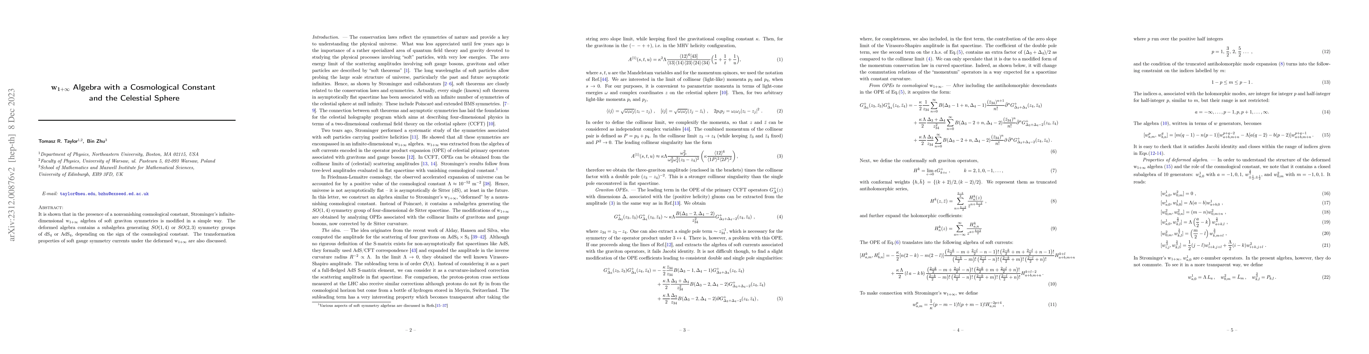 Thumbnail for w(1+infinity) Algebra with a Cosmological Constant and the Celestial
  Sphere