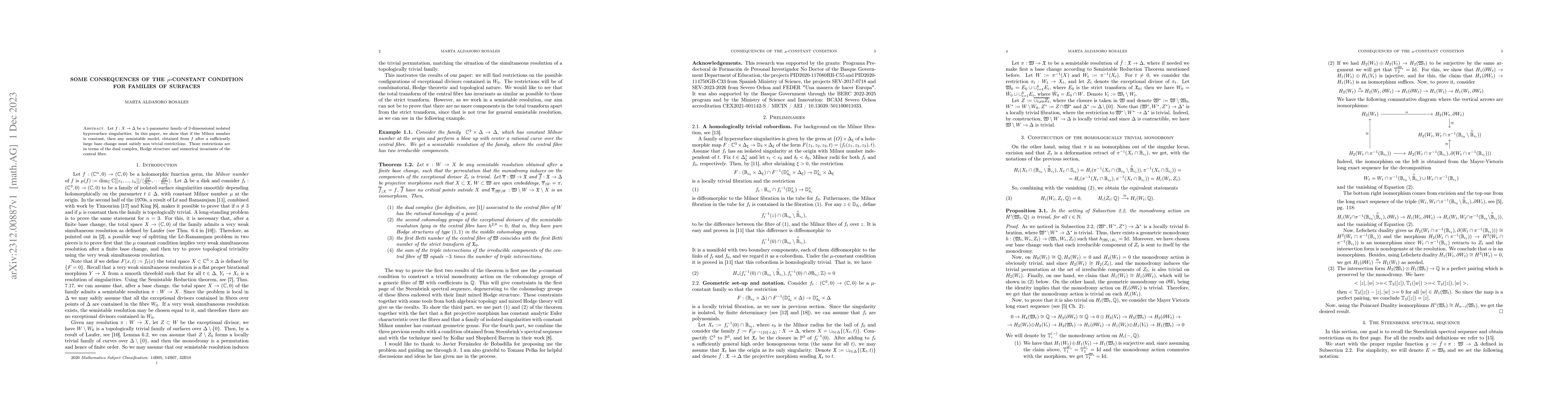 Thumbnail for Some consequences of the $\mu$-constant condition for families of
  surfaces