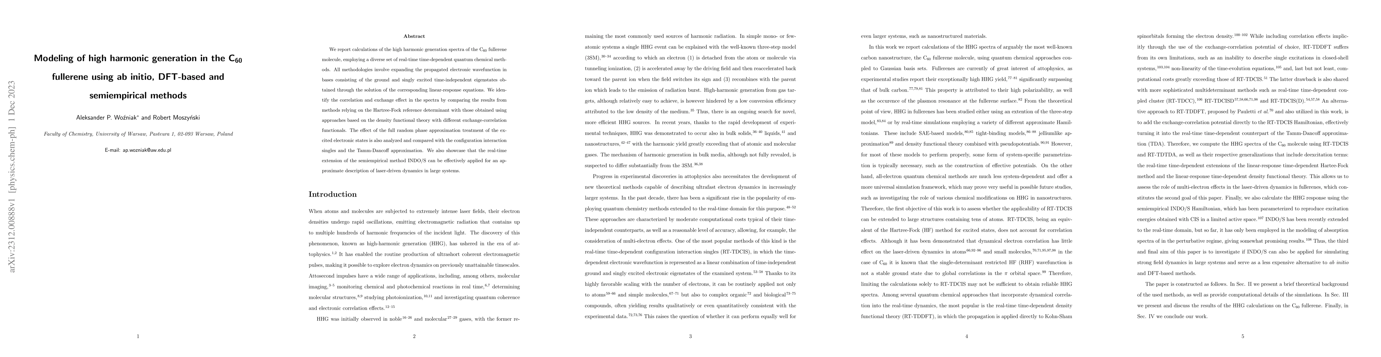 Thumbnail for Modeling of high harmonic generation in the C\textsubscript{60}
  fullerene using \textit{ab initio}, DFT-based and semiempirical methods