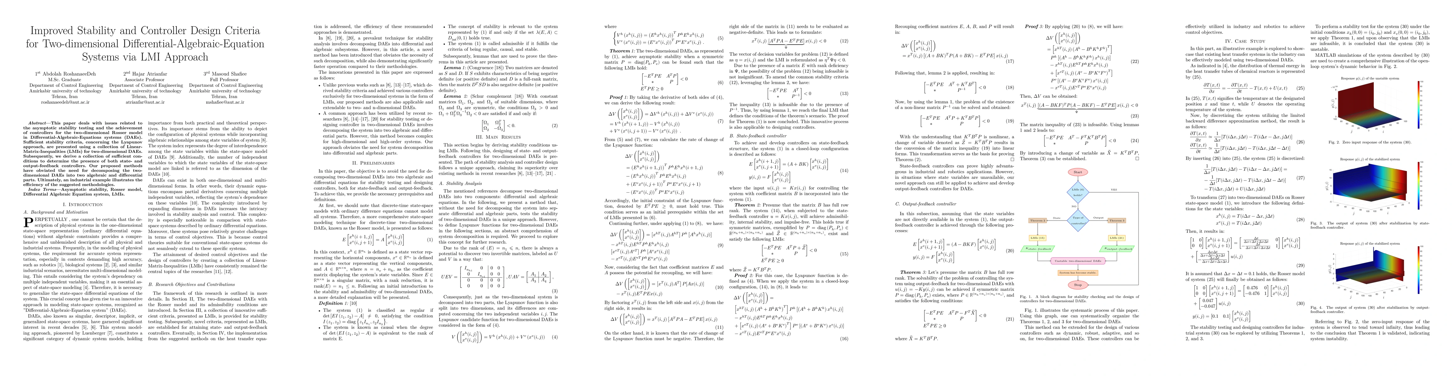 Thumbnail for Improved Stability and Controller Design Criteria for Two-dimensional
  Differential-Algebraic-Equation Systems via LMI Approach
