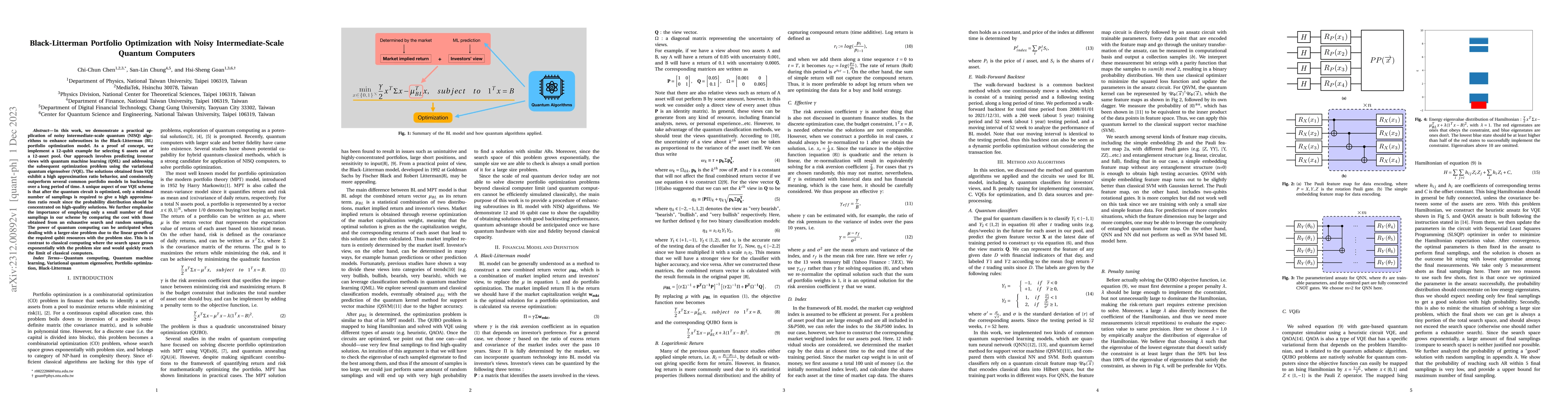 Thumbnail for Black-Litterman Portfolio Optimization with Noisy Intermediate-Scale
  Quantum Computers