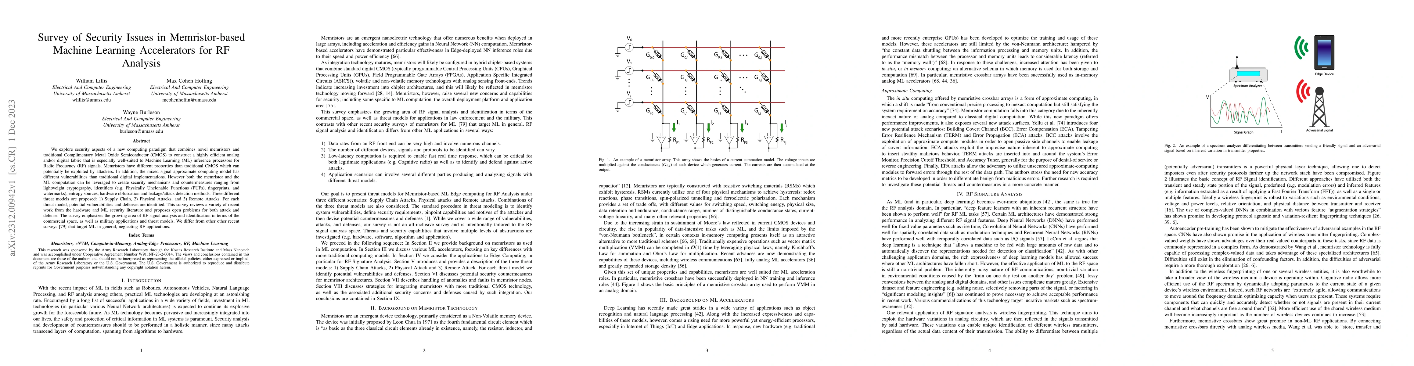 Thumbnail for Survey of Security Issues in Memristor-based Machine Learning
  Accelerators for RF Analysis