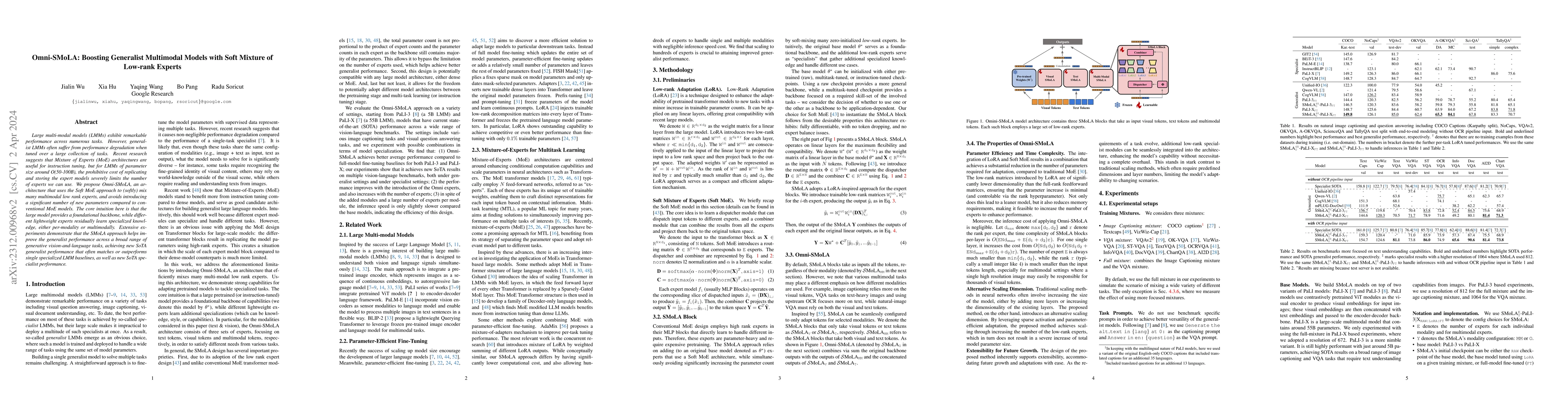 Thumbnail for Omni-SMoLA: Boosting Generalist Multimodal Models with Soft Mixture of
  Low-rank Experts