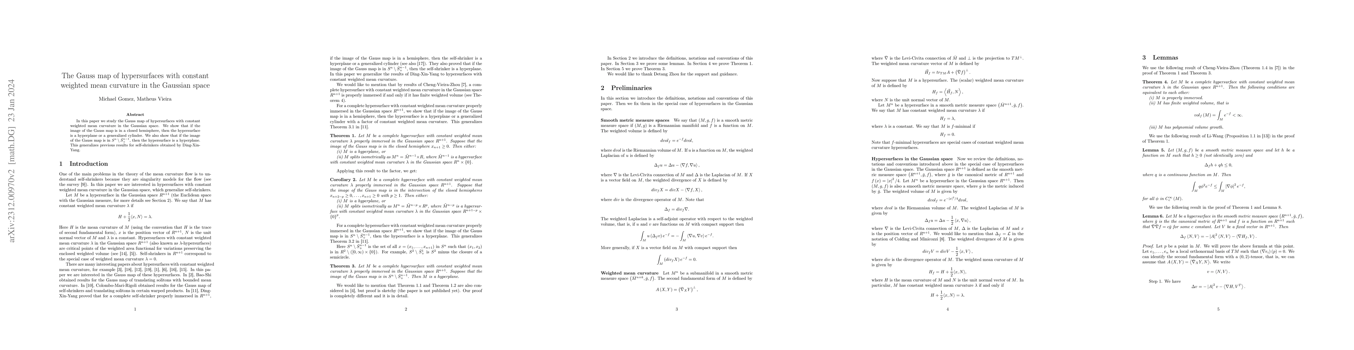 Thumbnail for The Gauss map of hypersurfaces with constant weighted mean curvature in
  the Gaussian space