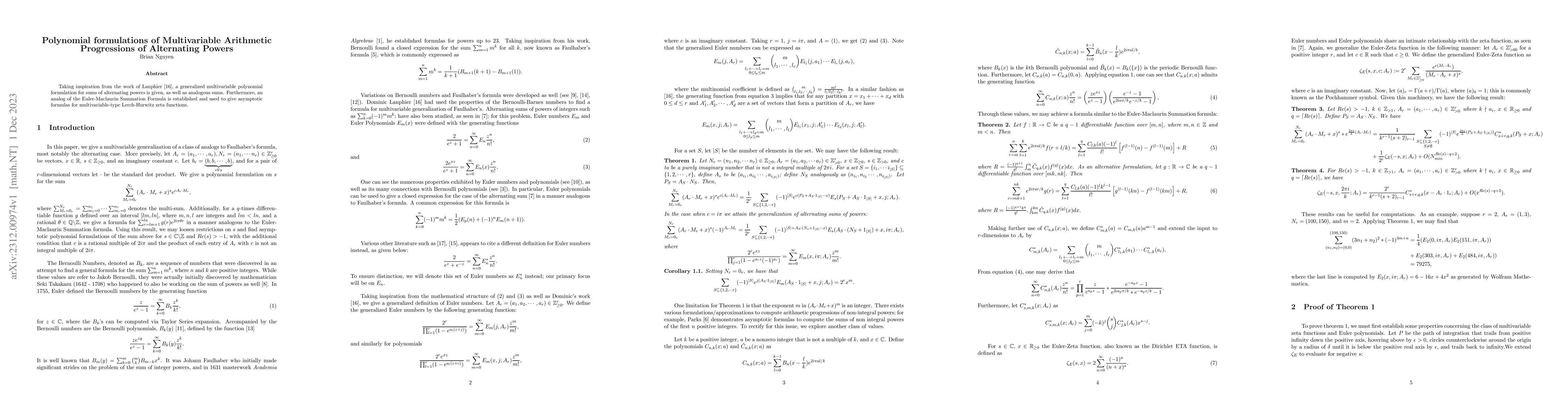 Thumbnail for Polynomial formulations of Multivariable Arithmetic Progressions of
  Alternating Powers