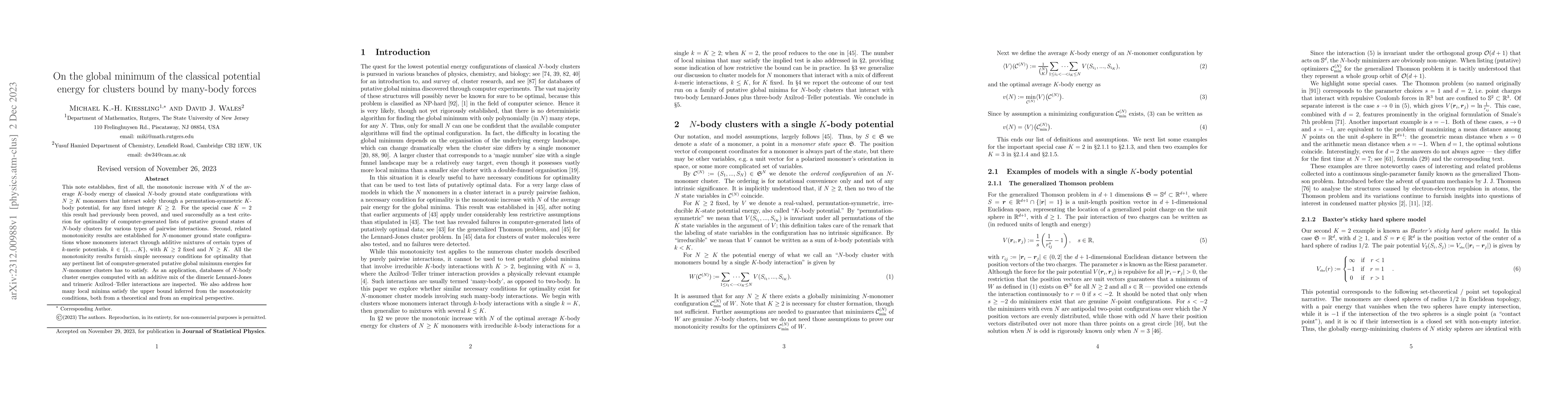 Thumbnail for On the global minimum of the classical potential energy for clusters
  bound by many-body forces