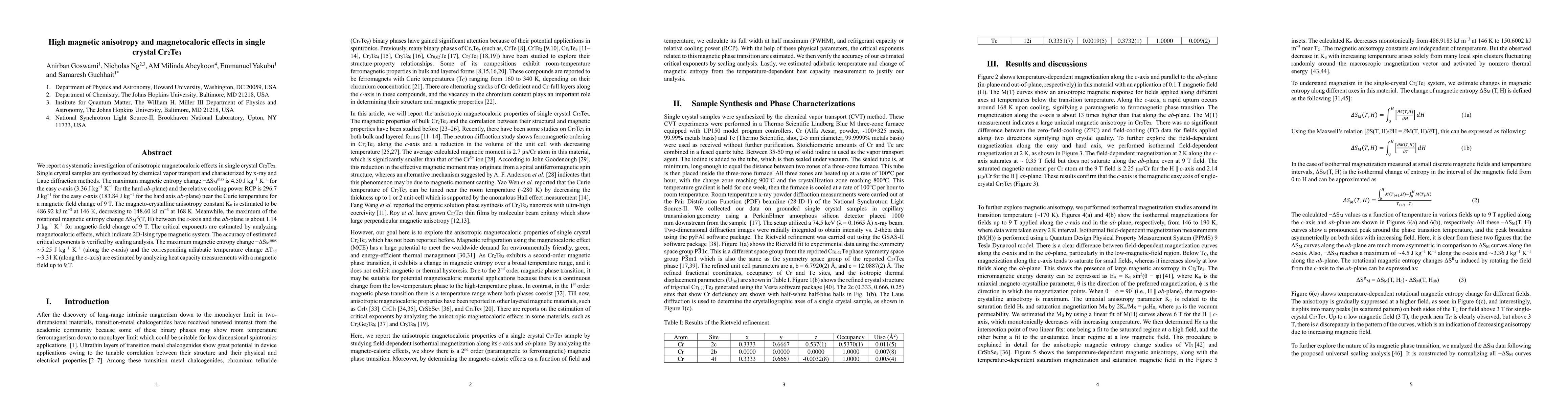 Thumbnail for High magnetic anisotropy and magnetocaloric effects in single crystal
  Cr$_2$Te$_3$