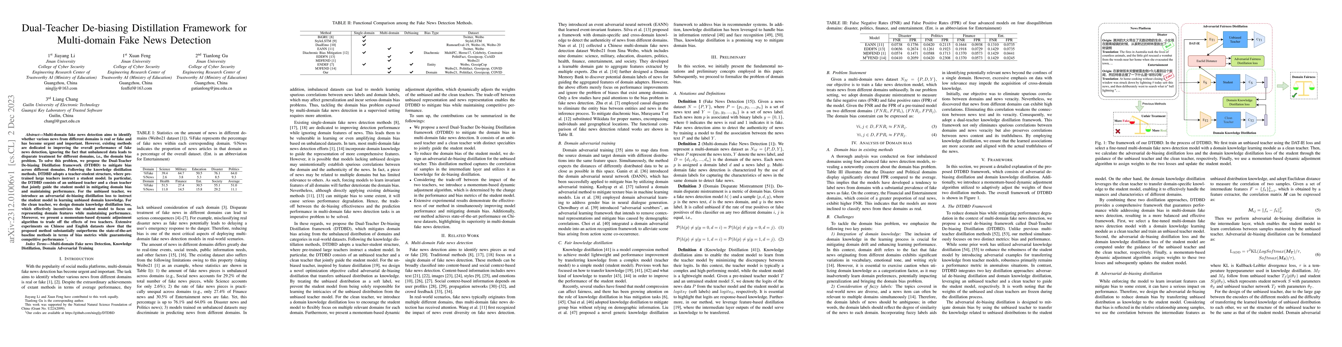 Thumbnail for Dual-Teacher De-biasing Distillation Framework for Multi-domain Fake
  News Detection