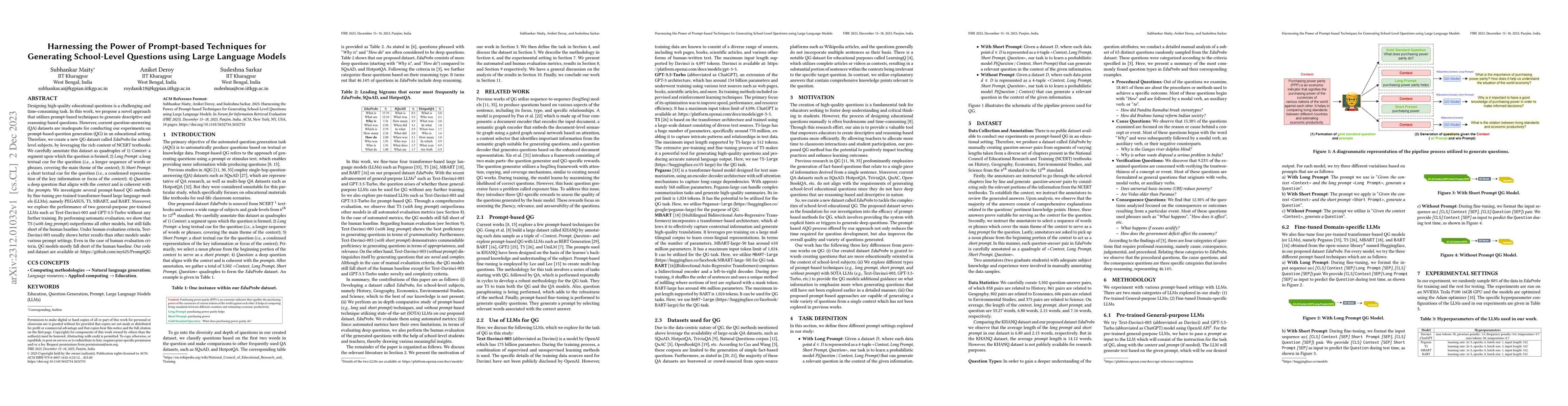 Thumbnail for Harnessing the Power of Prompt-based Techniques for Generating
  School-Level Questions using Large Language Models