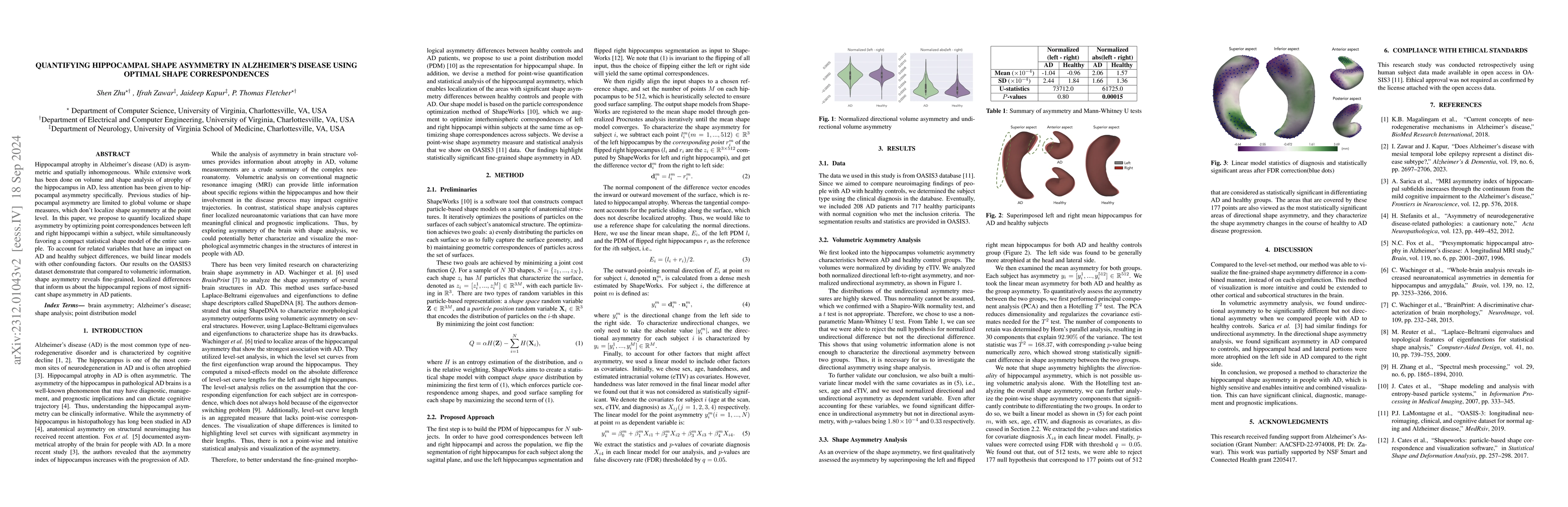 Thumbnail for Quantifying Hippocampal Shape Asymmetry in Alzheimer's Disease Using
  Optimal Shape Correspondences