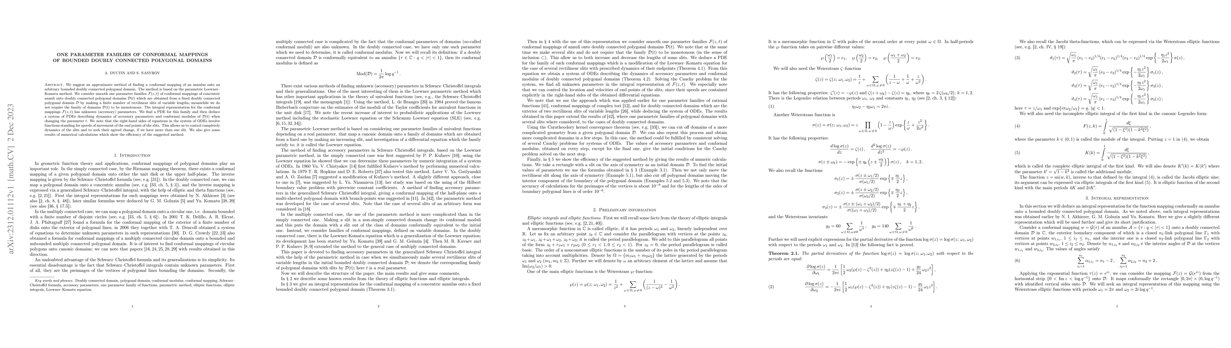 Thumbnail for One Parameter Families of Conformal Mappings of Bounded Doubly Connected
  Polygonal Domains