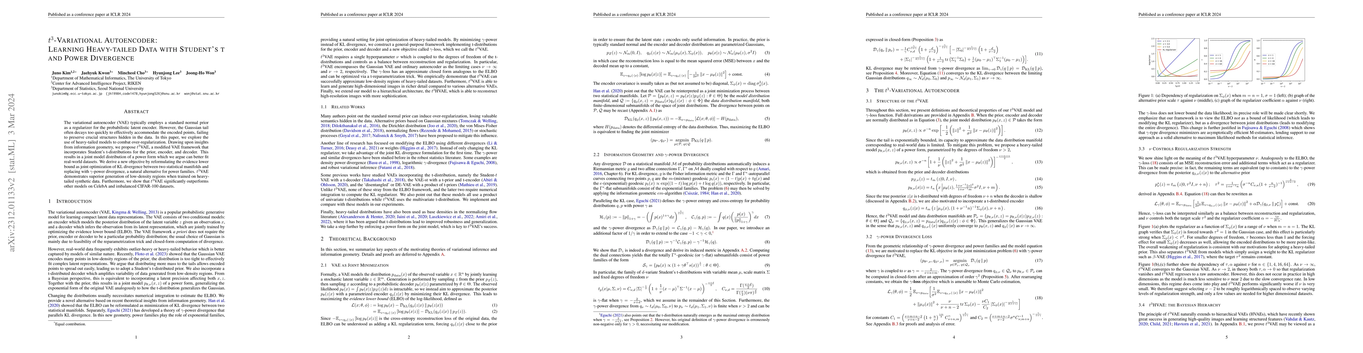 Thumbnail for $t^3$-Variational Autoencoder: Learning Heavy-tailed Data with Student's
  t and Power Divergence