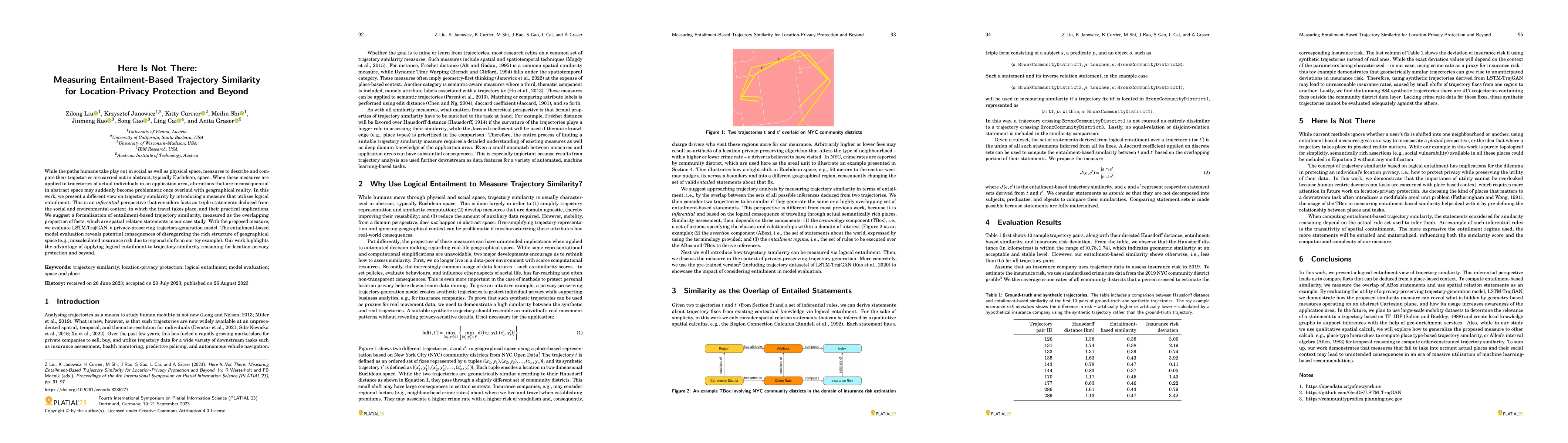 Thumbnail for Here Is Not There: Measuring Entailment-Based Trajectory Similarity for
  Location-Privacy Protection and Beyond