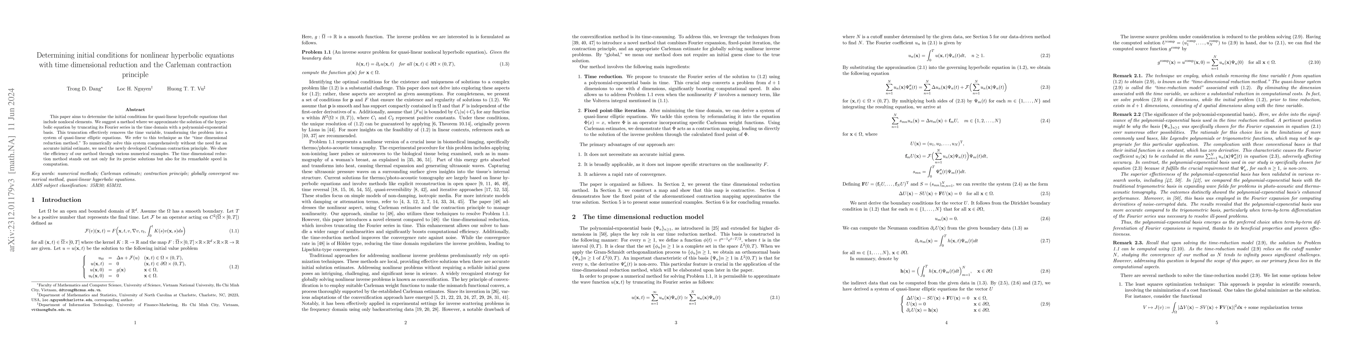Thumbnail for Determining initial conditions for nonlinear hyperbolic equations with
  time dimensional reduction and the Carleman contraction