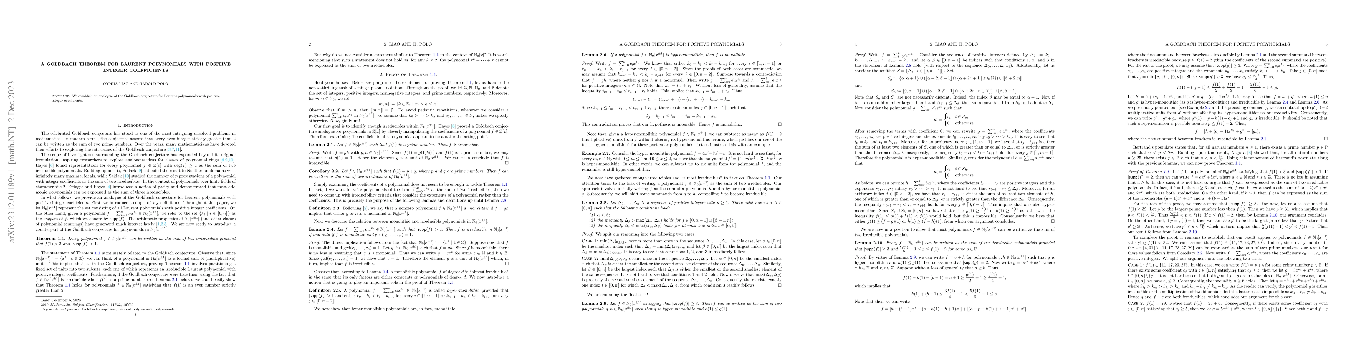 Thumbnail for A Goldbach theorem for Laurent polynomials with positive integer
  coefficients