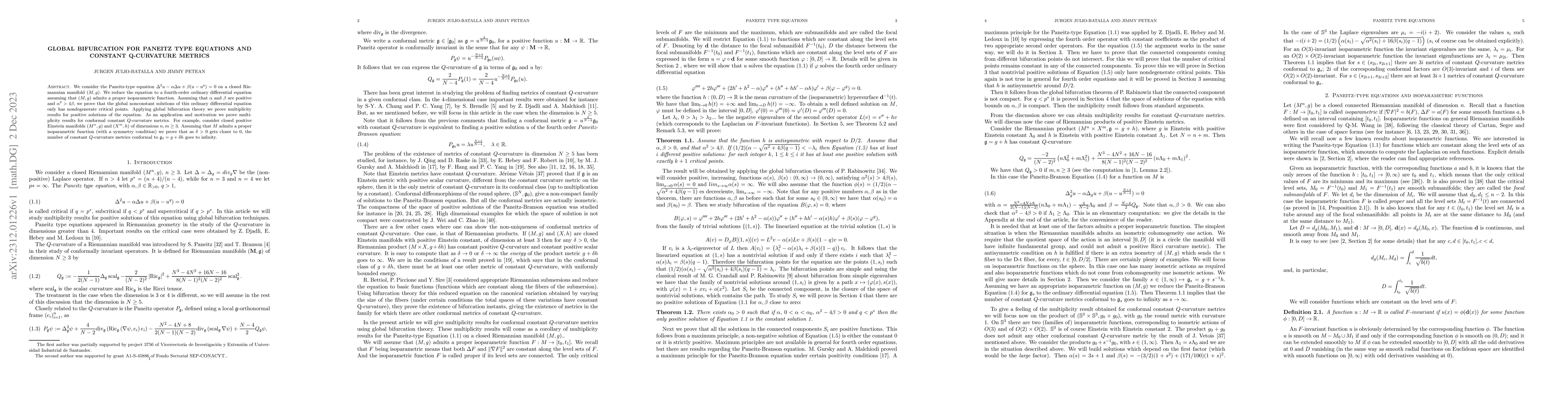 Thumbnail for Global bifurcation for Paneitz type equations and constant Q-curvature
  metrics