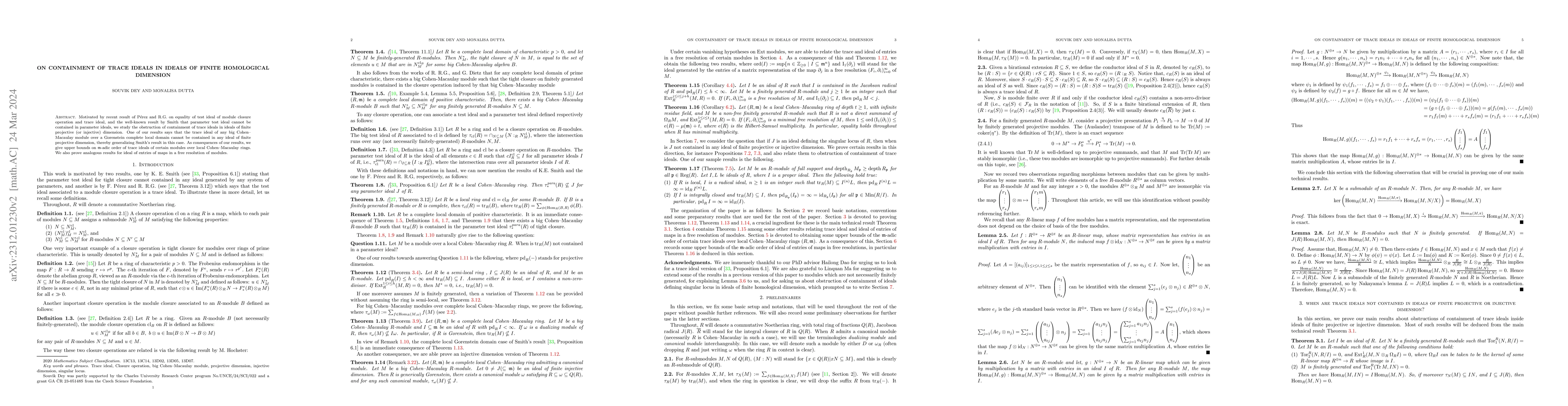 Thumbnail for On containment of trace ideals in ideals of finite homological dimension