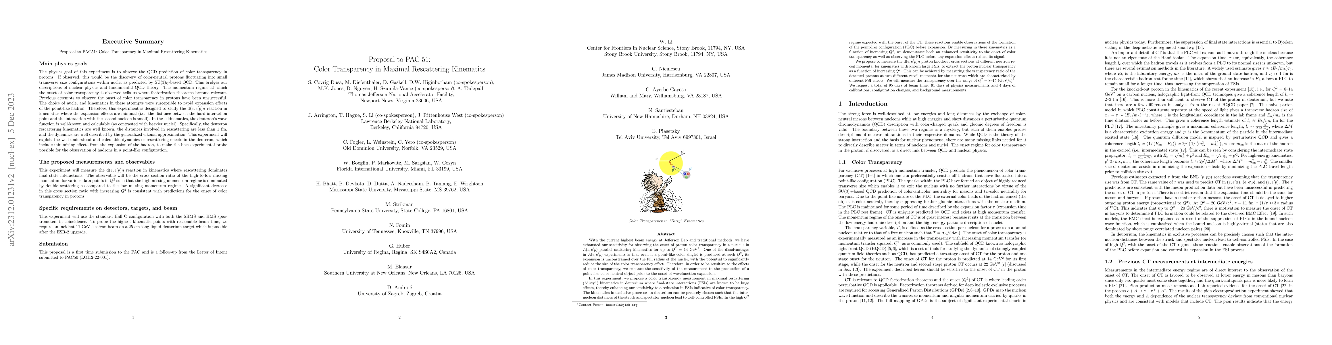 Thumbnail for Proposal to PAC 51: Color Transparency in Maximal Rescattering
  Kinematics
