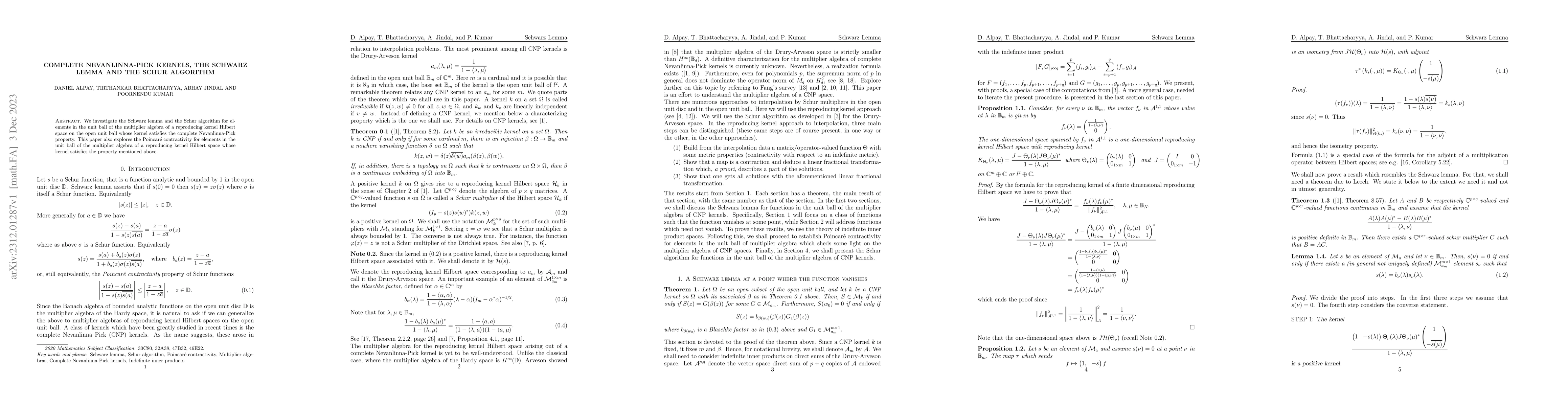 Thumbnail for Complete Nevanlinna-Pick kernels, the Schwarz lemma and the Schur
  algorithm