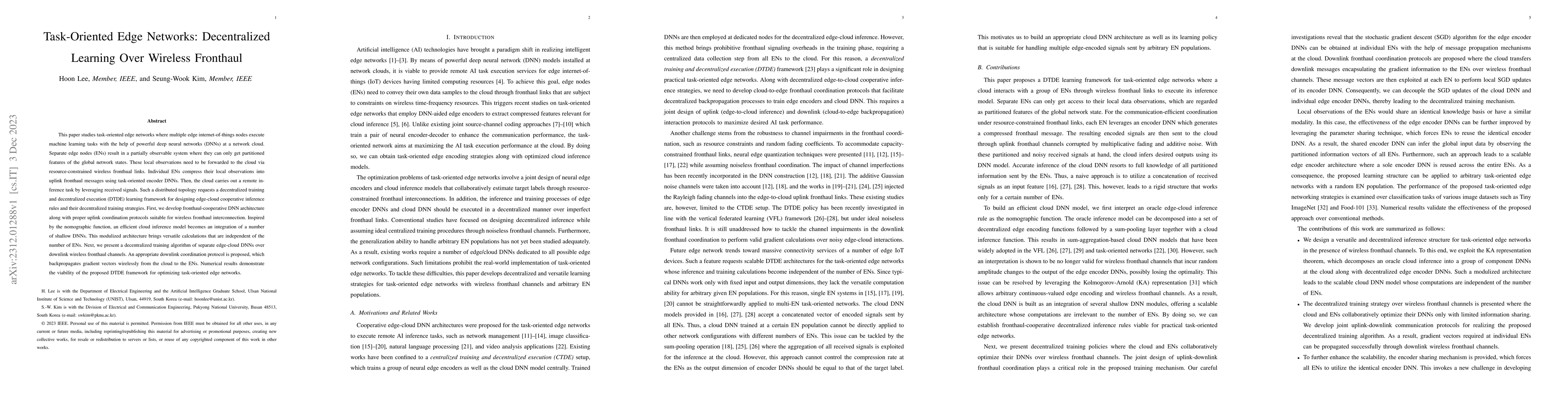 Thumbnail for Task-Oriented Edge Networks: Decentralized Learning Over Wireless
  Fronthaul