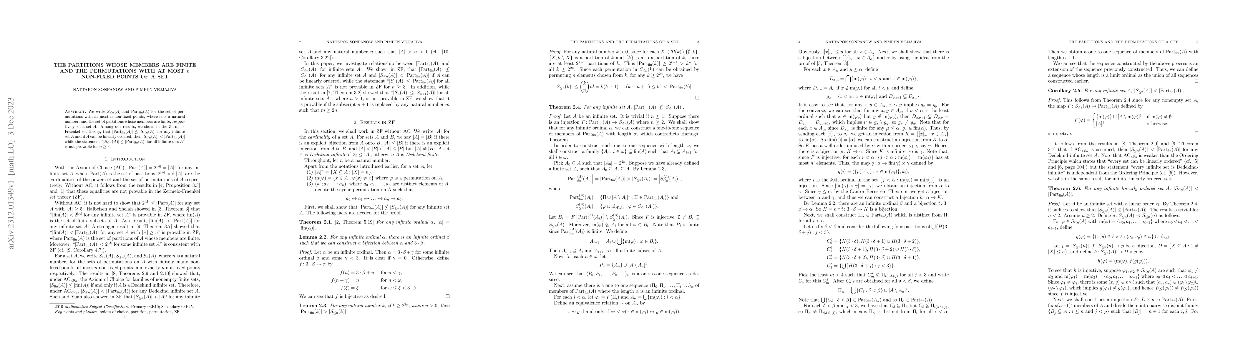 Thumbnail for The partitions whose members are finite and the permutations with at
  most $n$ non-fixed points of a set