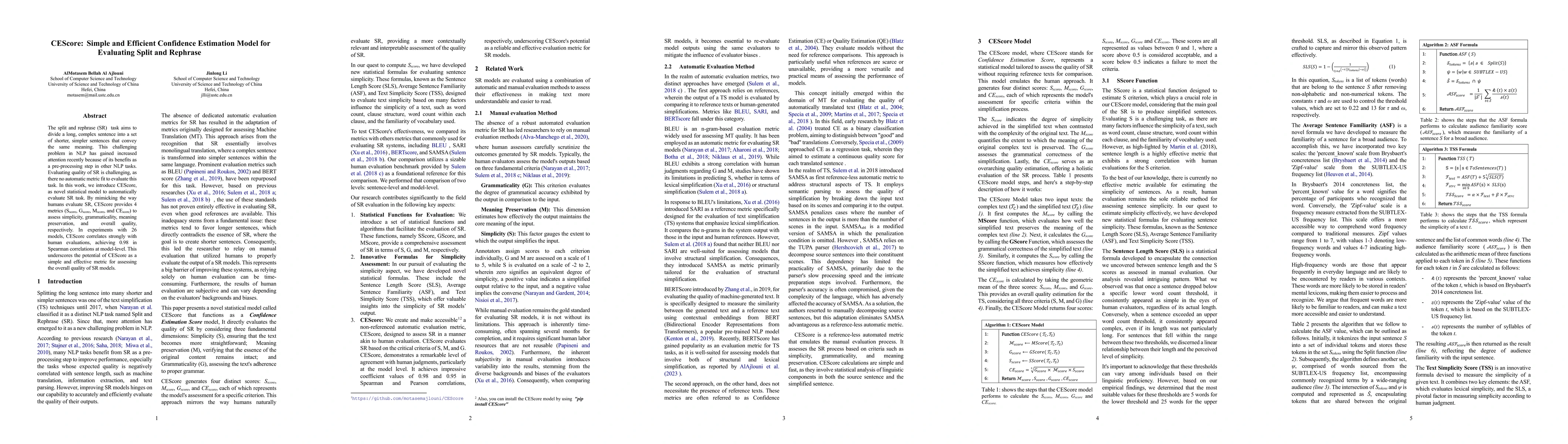 Thumbnail for CEScore: Simple and Efficient Confidence Estimation Model for Evaluating
  Split and Rephrase