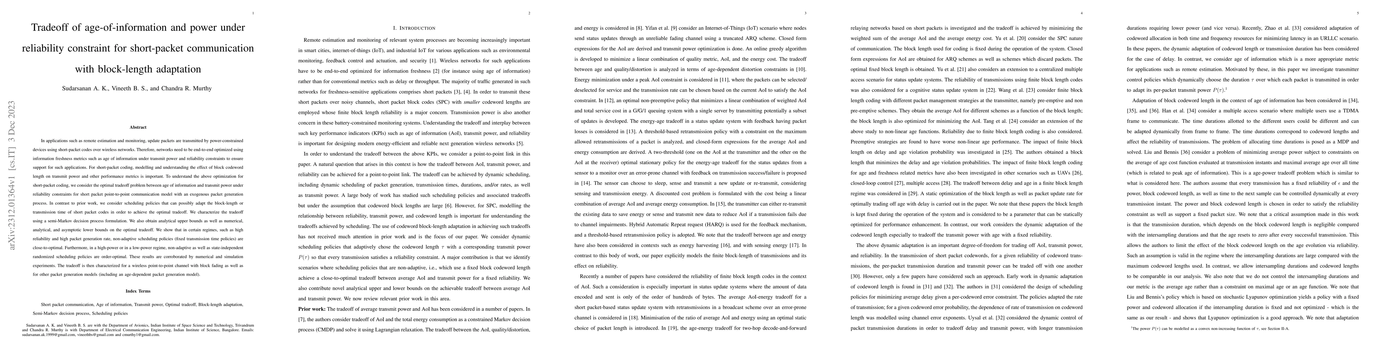 Thumbnail for Tradeoff of age-of-information and power under reliability constraint
  for short-packet communication with block-length adaptation