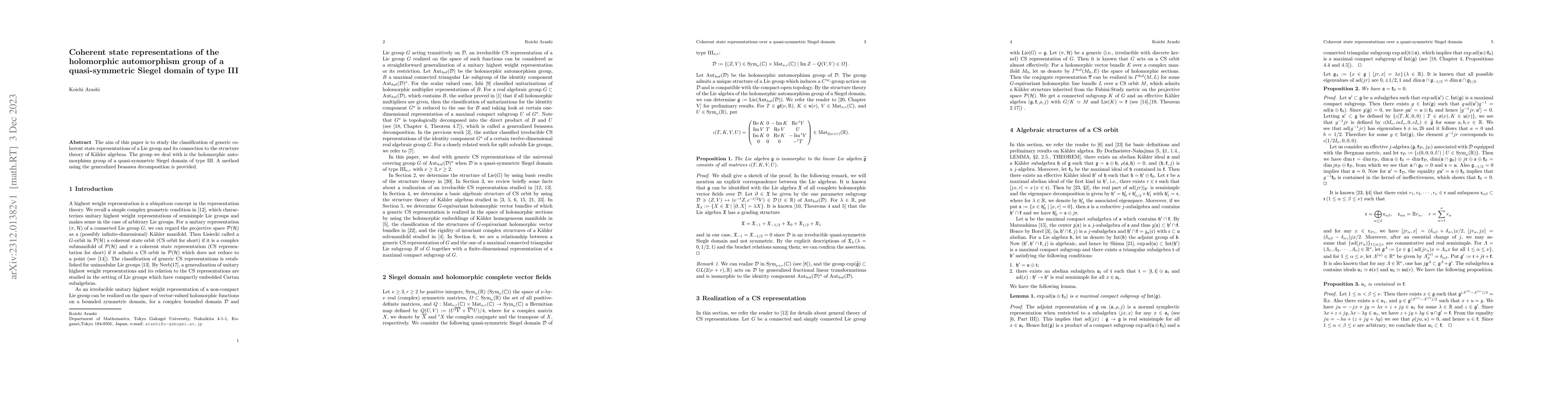 Thumbnail for Coherent state representations of the holomorphic automorphism group of
  a quasi-symmetric Siegel domain of type III